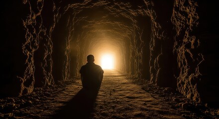 Solitary figure in a tunnel of hope, reflecting on a journey to self discovery