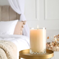 Burning candle on bedside table