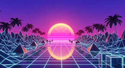 Synthwave Landscape with Palm Trees Retro Sun and Glowing Grid Reflecting the 1980s Aesthetic for Nostalgic Tech and Design Projects