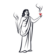 Vestal Virgin with Incense and Smoking Bowl Ancient Religious Devotee Offering Sanctity and Ritual in Black and White Sketch