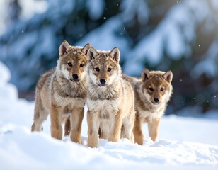 Fototapeta premium Three adorable wolf pups stand in a snowy landscape, showcasing a winter scene of wildlife.