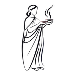 Elegant Depiction of Woman in Sari Offering Prayers with Lamps Celebrating Culture and Spirituality with Graceful Artistic Flair