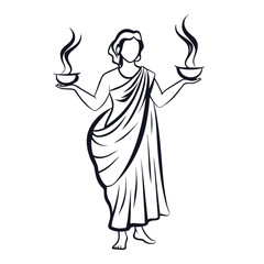 Symmetrical Woman with Vessels and Smoke a Symbol of Balance and Spirituality in Simple Black and White Art