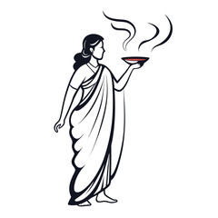 Woman in Traditional Sari Holding a Bowl with Smoke Emanating, Cultural and Spiritual Symbolism Evoked