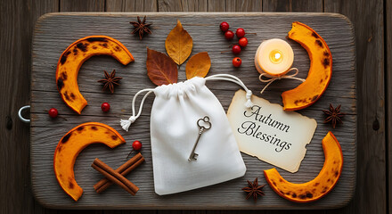 Autumn Blessings - Rustic Still Life with Pumpkin, Spices, and Key.
