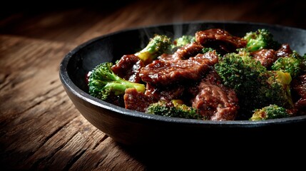 Fototapeta premium Hot sizzling beef with broccoli in dark bowl on rustic wooden table close up 