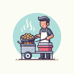 Street vendors serving fried food with a hot frying pan with a simple and minimalist flat design using a white background.