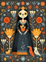Mexican art style illustration of catrina.  Day of the dead, Dia de los muertos folk art design