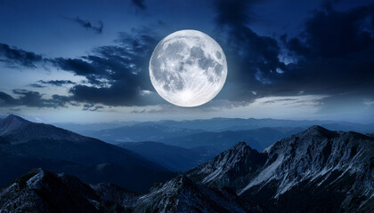 stunning night view of a large full moon over majestic mountains and cloudy sky
