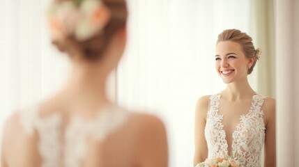Fototapeta premium Happy bride preparing for wedding in elegant morning bridal dress