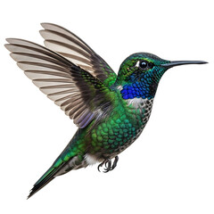 Obraz premium Illustration of vibrant hummingbird in midflight, showcasing its iridescent feathers and delicate wings on white background