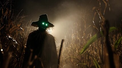 Sinister scarecrow with glowing green eyes standing in cornfield at night creating eerie atmospheric horror scene - Powered by Adobe