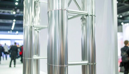 Polished metal structure, possibly part of a display system, stands in a blurry exhibition hall background