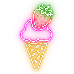 Neon Strawberry Ice Cream Cone with Sprinkles Isolated Transparent Background PNG