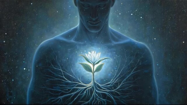 Mystical human silhouette with glowing tree of life and neural network branches against starry cosmic background digital art illustration