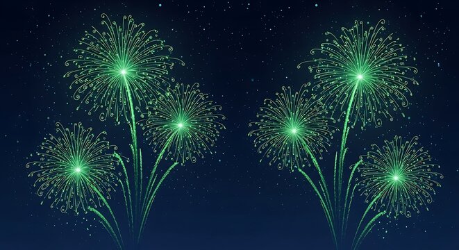 Green Fireworks Display in the Night Sky.