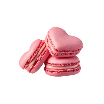 Heart shaped pink macaroons and cookies isolated on a transparent background, in a PNG format