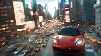 Crimson conveyance navigating urban sprawl amid luminous billboards and bustling traffic