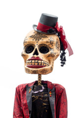 Dia de los Muertos (Day of the Dead) ornament, funny skull woman portrait isolated on white background, Halloween decor, Mexican traditional holiday