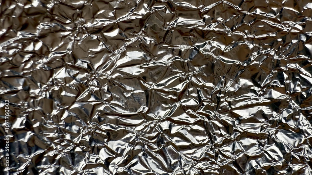 Poster crumpled reflective silver foil surface with glossy metallic folds and shiny light reflections ideal