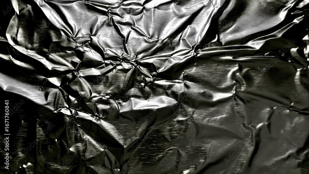 Poster crumpled metallic silver foil texture with sharp reflective folds and glossy highlights ideal for ab