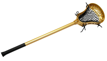 Golden lacrosse stick sports equipment for athletic game play training and professional competition isolated on white background