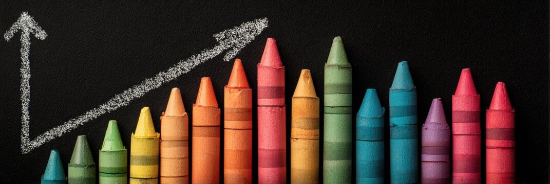 Colorful crayons arranged to show upward trend with a chalked arrow on a black background - Powered by Adobe