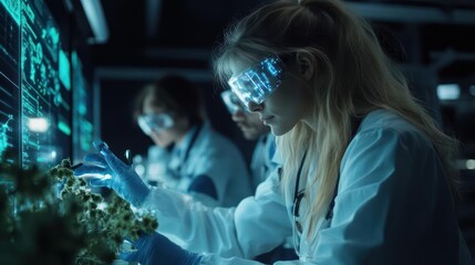 Futuristic medical research: team examining plant samples with advanced digital interfaces
