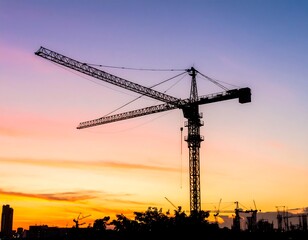 Silhouetted construction crane at sunset against a colorful sky