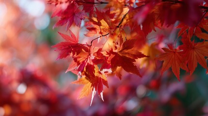 Vibrant autumn leaves create a stunning display in a serene park setting during late afternoon sunlight
