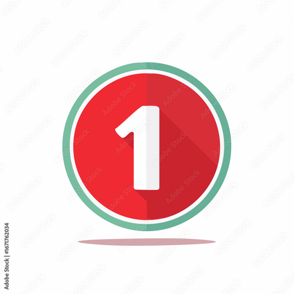 Poster vivid number one icon design in a red circle with teal border symbolizing first place achievement