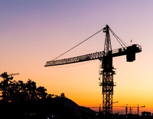 Silhouetted construction crane at sunset, other cranes and trees in background