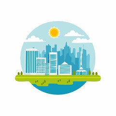 Modern Cityscape with Tall Buildings Under a Sunny Sky and Green Landscape