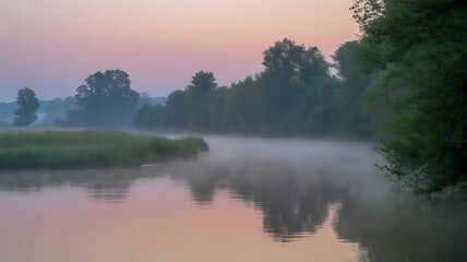 Obraz premium Misty river at sunrise with soft pink and purple sky
