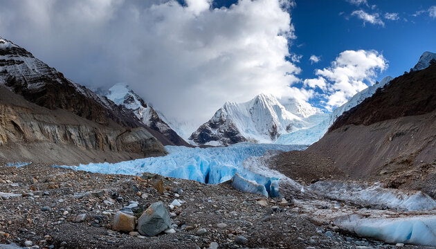 stunning view of chorten nyima glacier in kamba shigatse tibet showcasing rugged blue ice formations and surrounding rocky terrain under a cloudy sky
