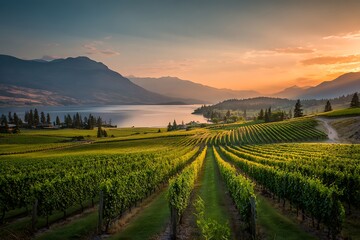 Fototapeta premium Sloped viticulture area during sundown exhibiting mountain reservoir outlook 