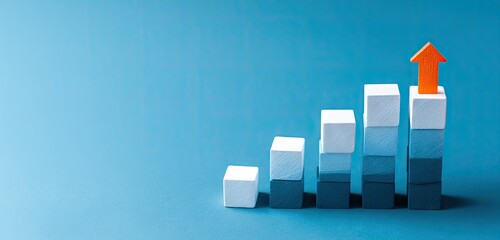 Growth Concept Block bar chart displays upward trend with arrow on blue background
