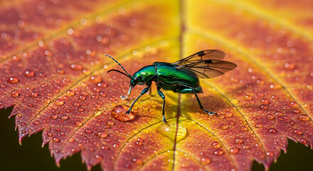 Vibrant Emerald Beetle on Dew-Kissed Autumn Leaf.