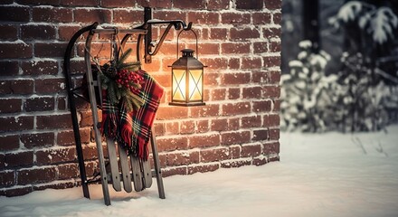 Snowy Winter Scene with Vintage Sled and Lantern.