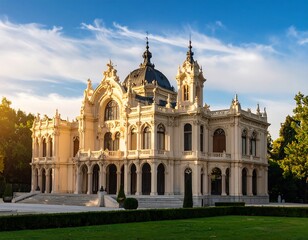Obraz premium A grand, ornate, light beige building stands in a park, illuminated by the golden light of a setting sun.
