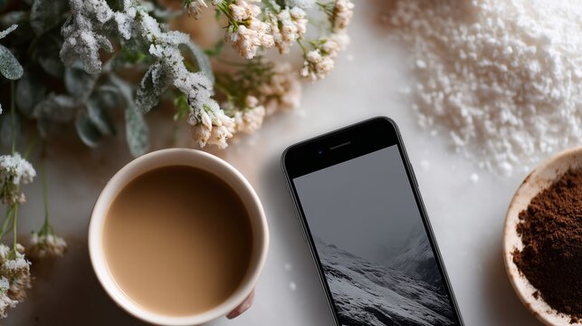 Cozy morning setup with coffee, phone, and delicate flowers on a snowy tabletop - Powered by Adobe