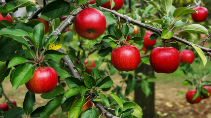 Obraz premium Fresh Red Apples Hanging on a Tree Branch Outdoors