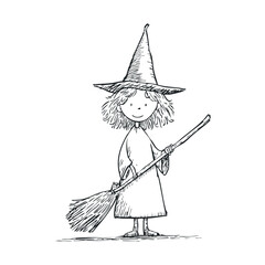 Fototapeta premium Charming witch character with broom ready for magical adventures. Halloween vector illustration