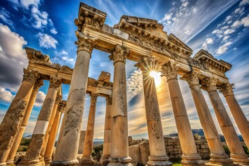 Obraz premium The majestic temple of baalbek in lebanon stands as a testament to ancient roman architecture, bathed in sunlight against a backdrop of blue sky