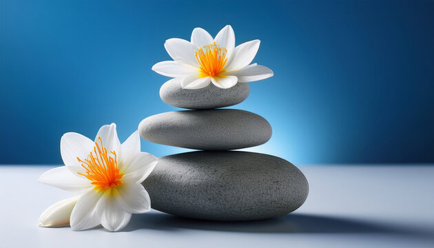 serene still life image of smooth light gray stones stacked in a triangular formation with white flowers and yellow orange stamens on top soft blue and white gradient background