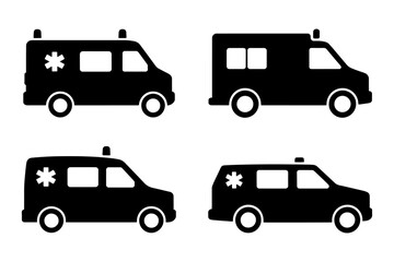 Silhouette of different emergency vehicles, including police car, ambulance and taxi, medical or emergency service concepts