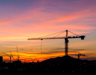 Silhouetted construction cranes at sunset over a city skyline and hills