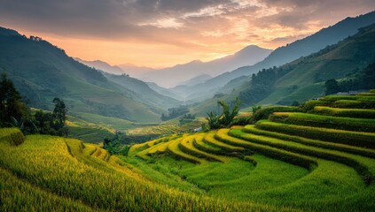 Fototapeta premium Lush terraced rice paddies at dawn in a valley.