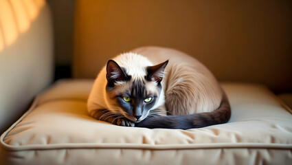 Burmese Cat Curled on Sofa Cushion in Cozy Home