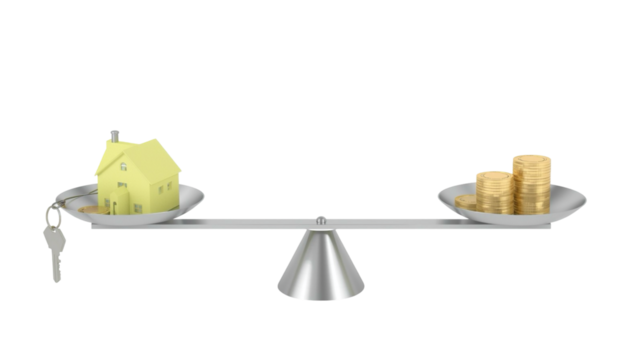 3D Rendered House and Coin on a Balance Scale Concept
